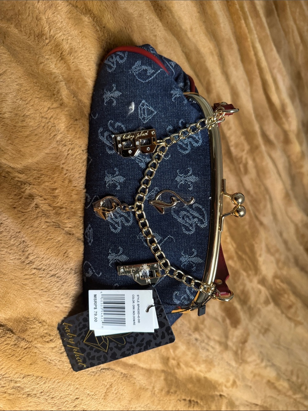 Baby Phat Navy Denim Print Clutch with Gold Chain & Red Trim